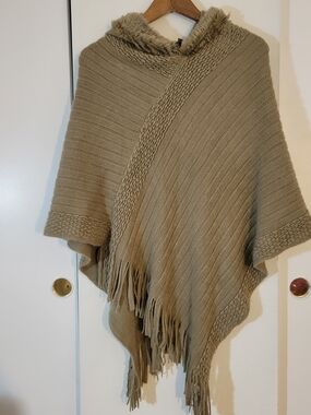Pinklicious Cozy Hooded Fringe Poncho Sweater in Tan